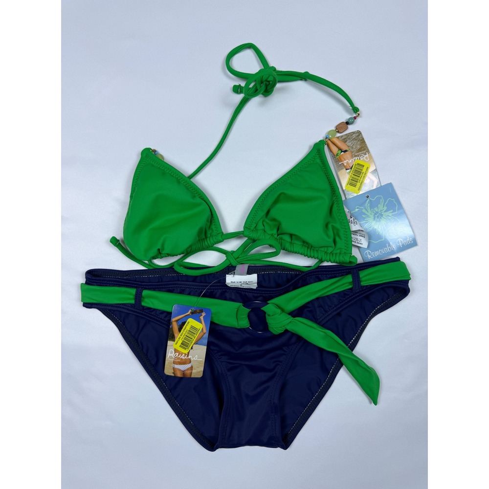 Raisins Womens Green Navy Blue Belted Low Rider Bikini Set Beaded Triangle S‎